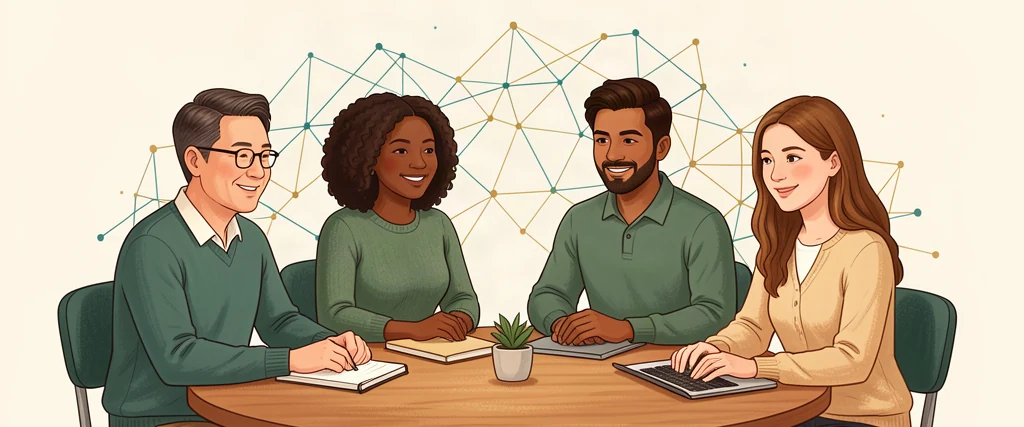 Four illustrated collaborators gathering around a shared table, with subtle connected teal and gold points behind them.