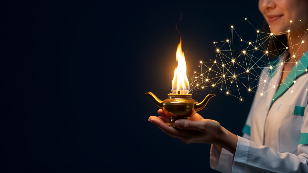 A nurse holds a glowing lamp whose flame disperses into a constellation of connected data points — compassion joined to data science.
