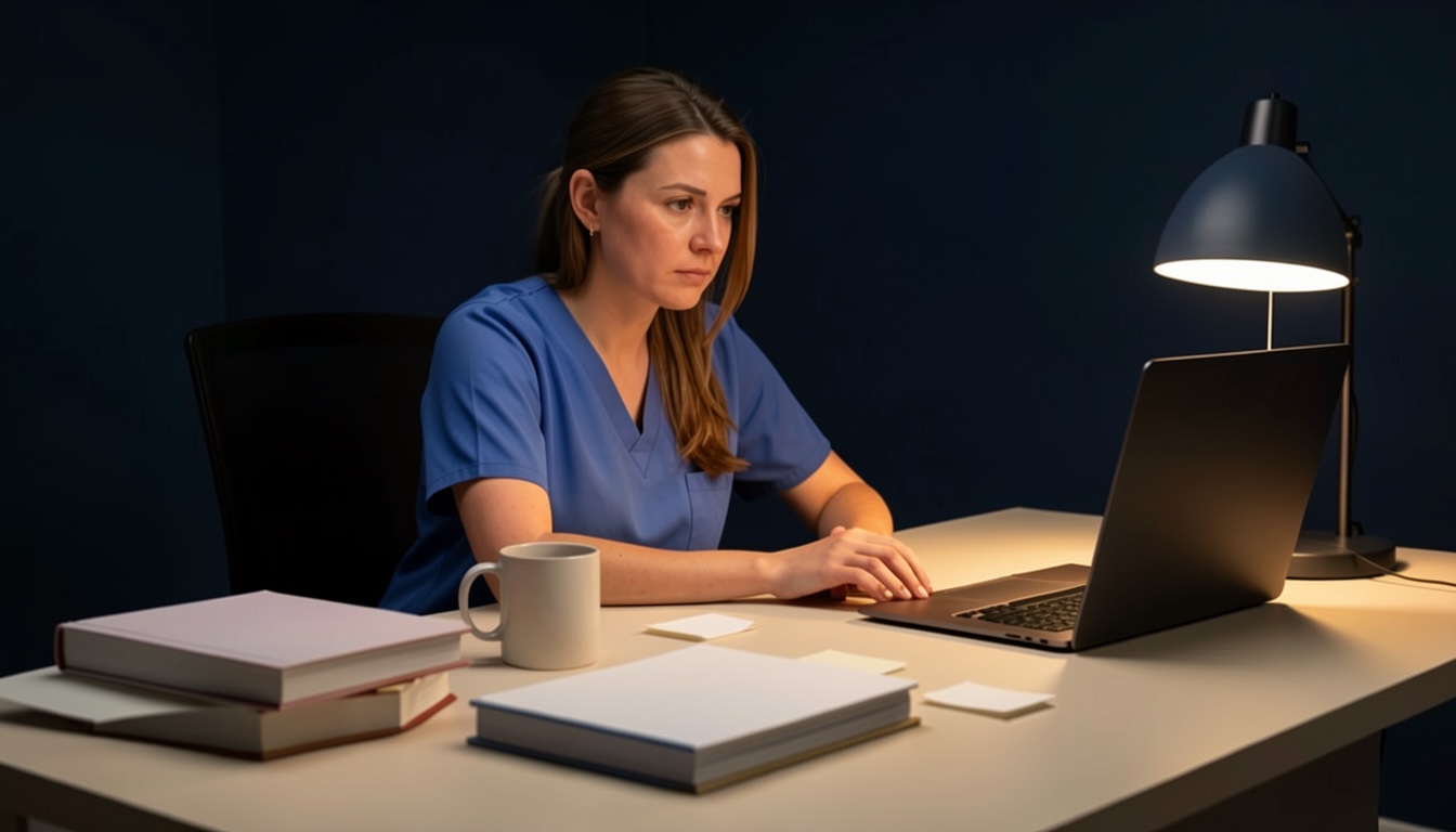 Nurse practitioner working alone at a desk after hours with several blank planning materials.