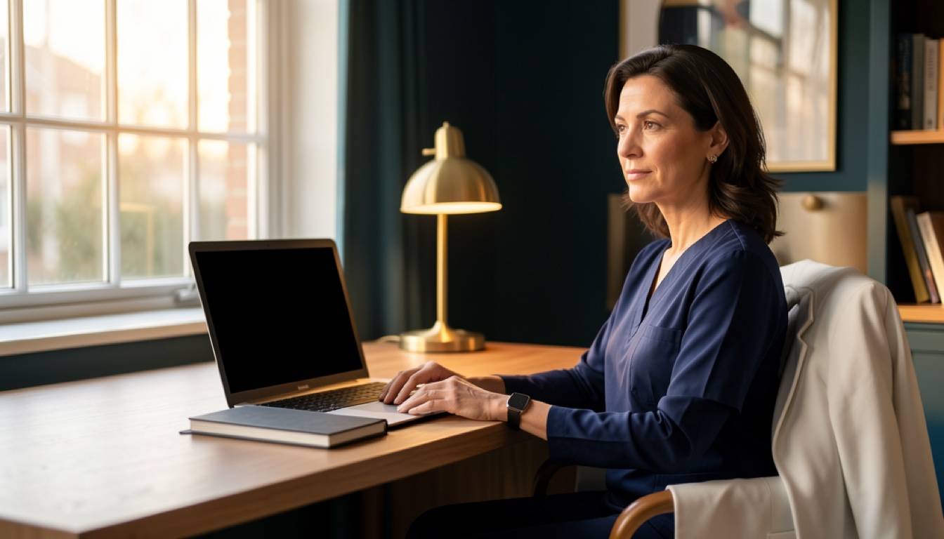 Nurse practitioner seated alone in a private office, pausing beside a laptop and notebook.