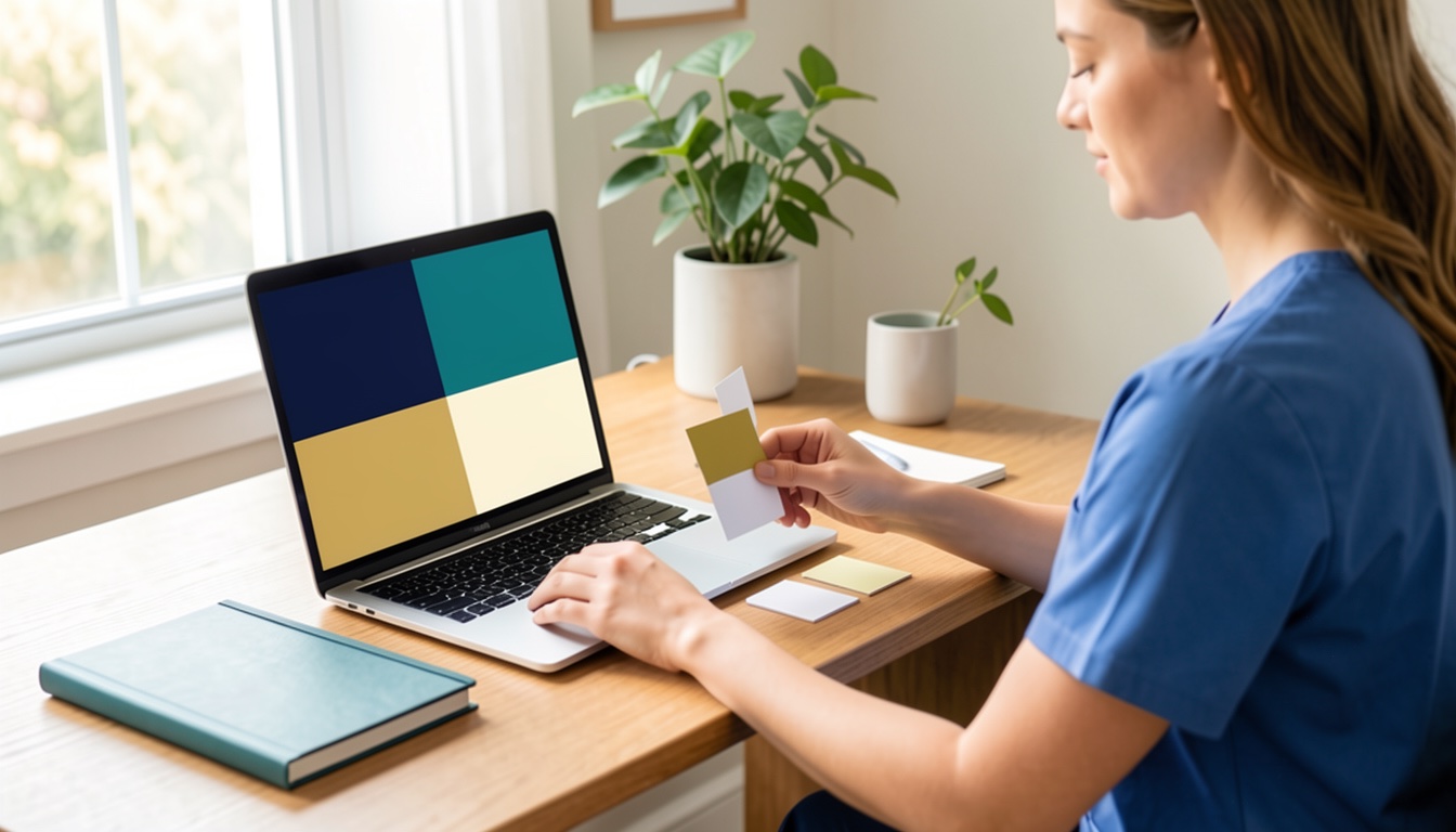 Nurse practitioner arranging blank color-coded cards beside a laptop in a private workspace.