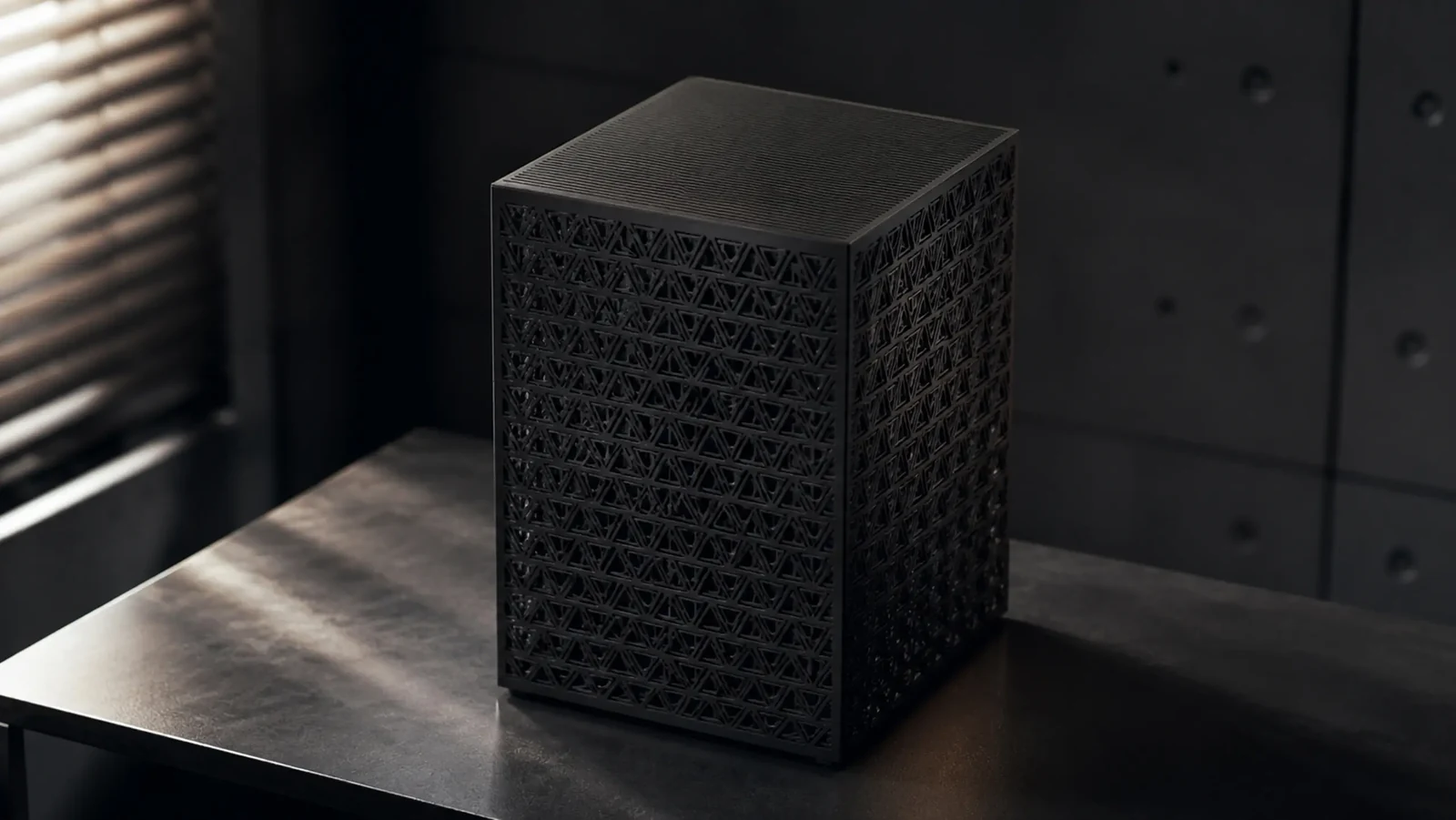 Enclosed black cube concept for the dual NVIDIA RTX PRO 6000 workstation, with geometric ventilation panels.