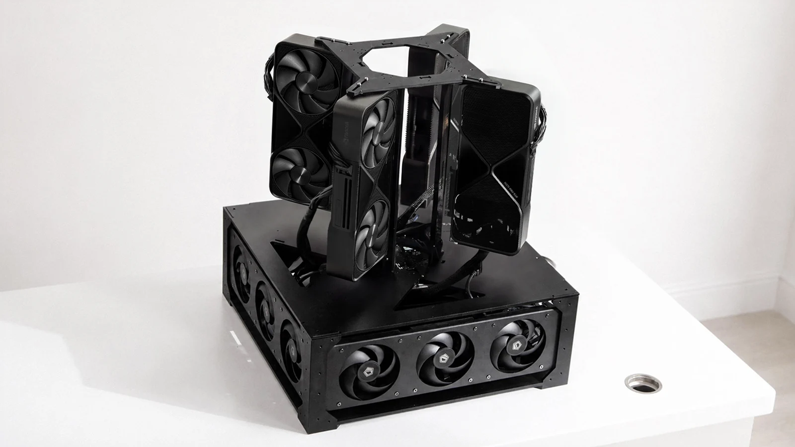 Open-frame concept for an eight-GPU RTX 5090 personal AI datacenter, with vertically arranged graphics cards and a lower cooling plenum.