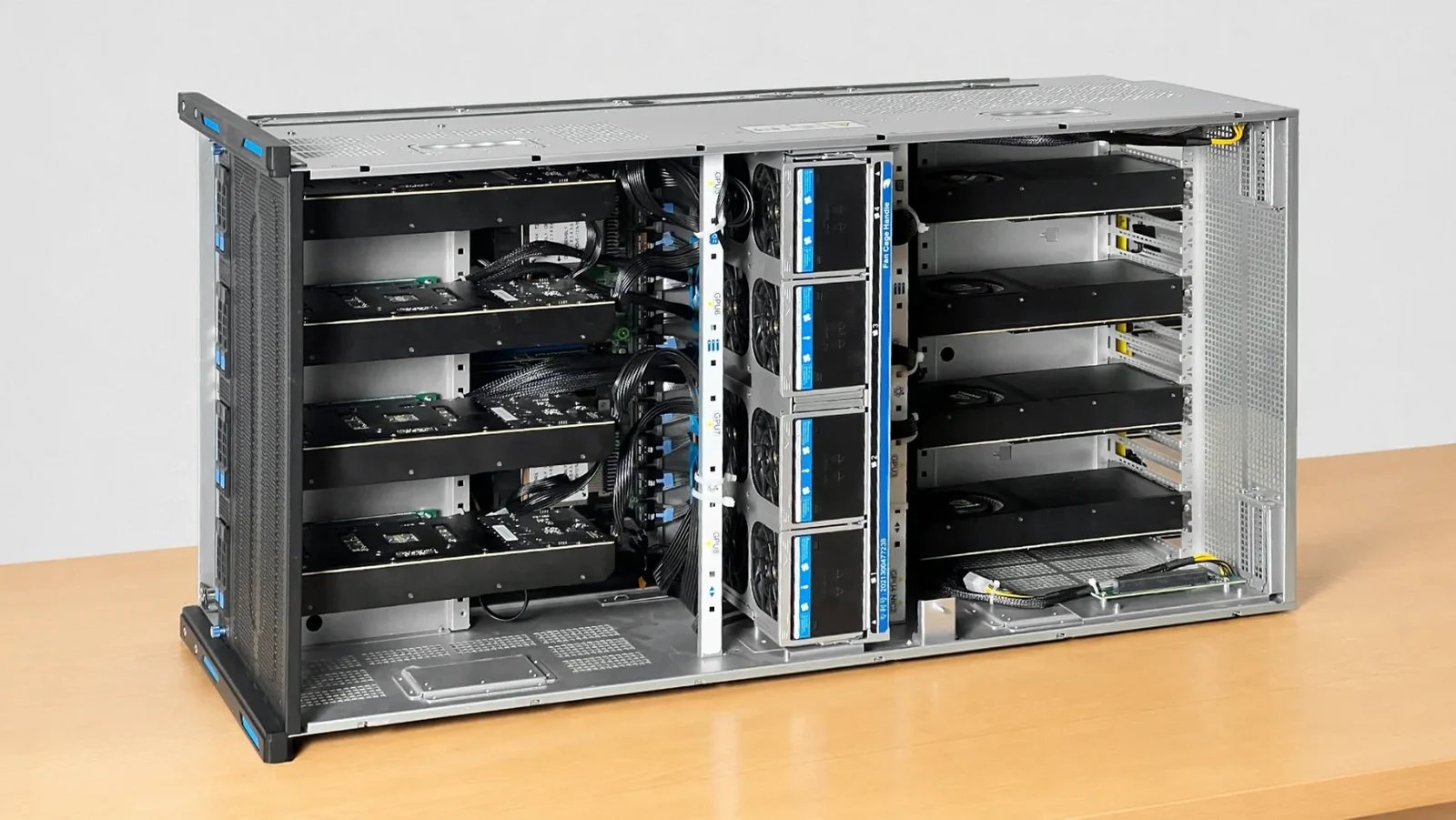 Open five-rack-unit concept chassis containing two banks of four GPUs and central high-speed interconnect cabling.