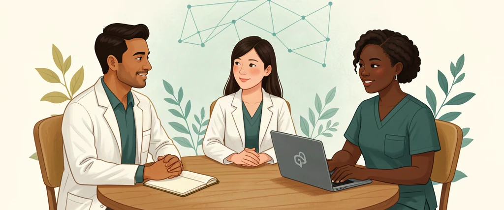 Two illustrated physicians and a nurse colleague collaborating around a table, with a quiet laptop, notebook, and botanical background.