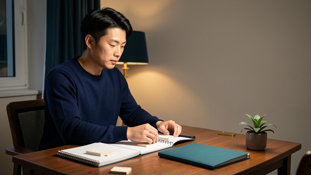 Medical resident organizing a personal portfolio alone at a home desk with blank cards.