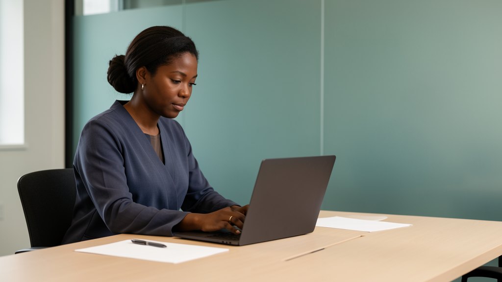 Medical resident preparing alone in an empty conference room with blank papers and an unreadable laptop screen.