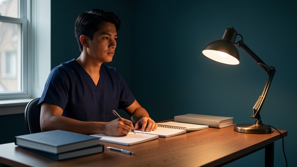 Medical resident studying alone at a quiet desk with unmarked books and a blank notebook.