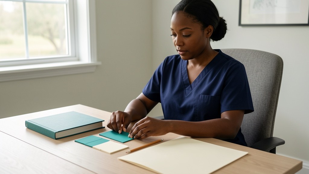 Staff nurse working alone at a home desk with blank cards and unmarked books.