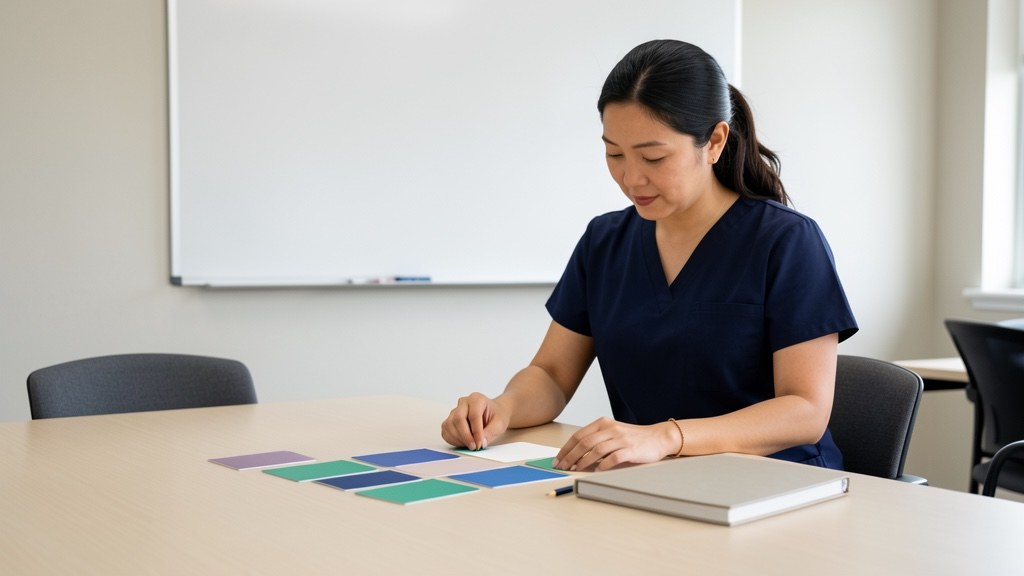 Staff nurse arranging blank cards alone in an empty meeting room.