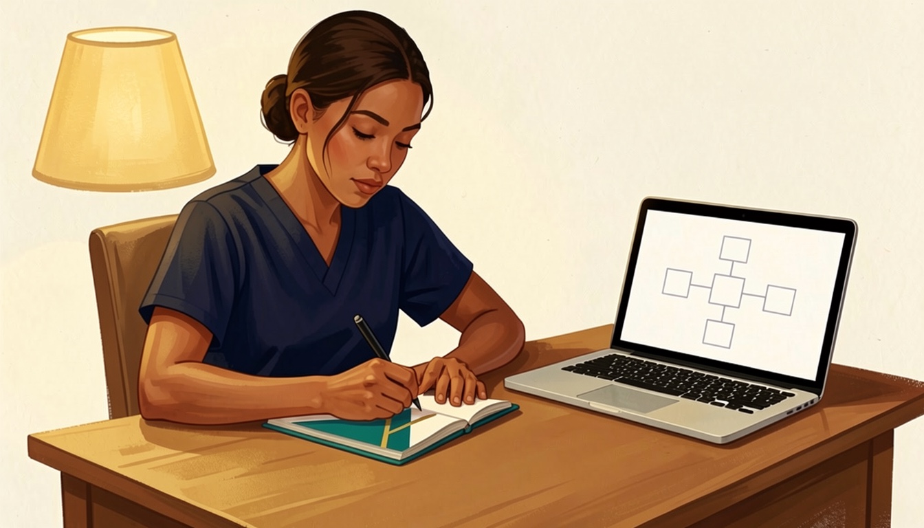 Illustration of a nursing student writing from memory beside an unlabeled concept map on a laptop.