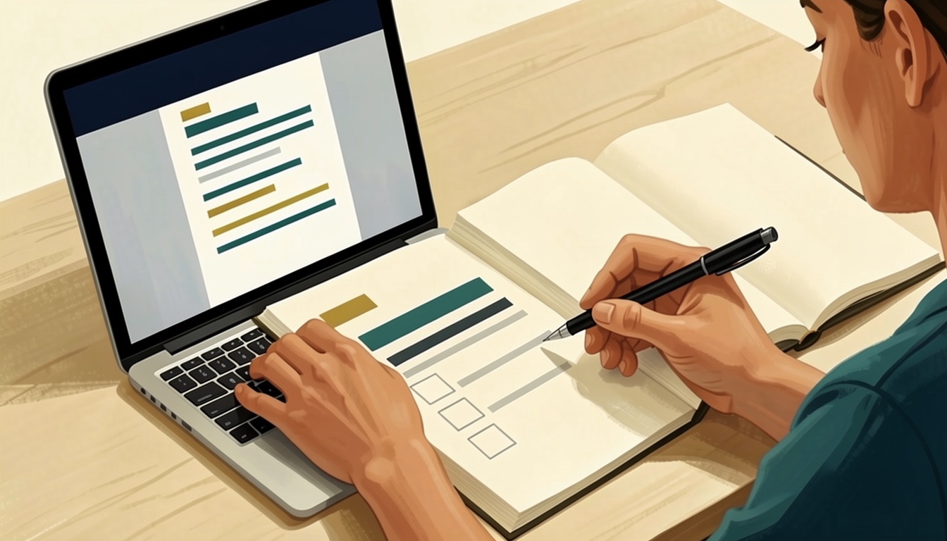 Illustration of a student comparing an abstract laptop draft with open study materials and marking corrections by hand.