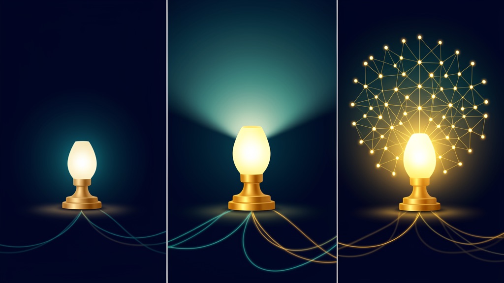 Three lamps growing in brightness from left to right — a single student's lamp, a brighter staff nurse's lamp, and a leader's lamp whose light spreads across a connected team.