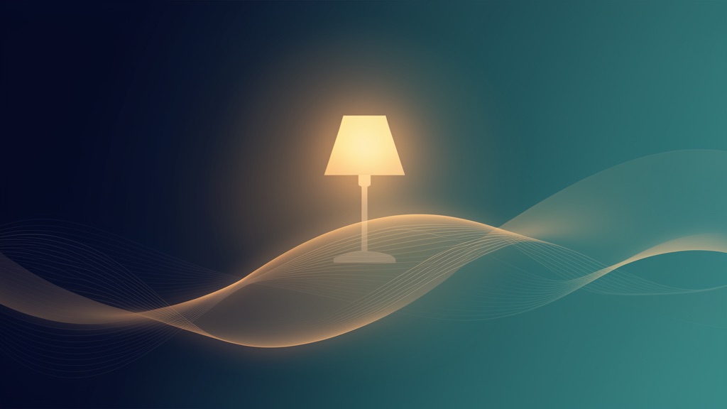 A calm, restorative scene of a softly glowing lamp over gentle flowing light curves — symbolizing balance, rest, and protected attention in the AI age.