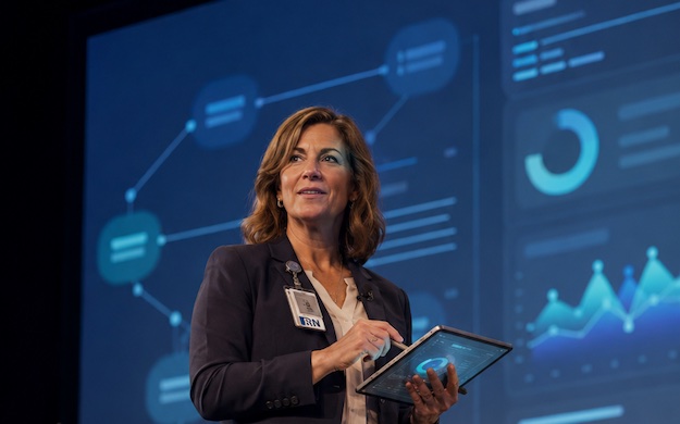 A nurse leader prepares a presentation with a tablet in front of a data dashboard.
