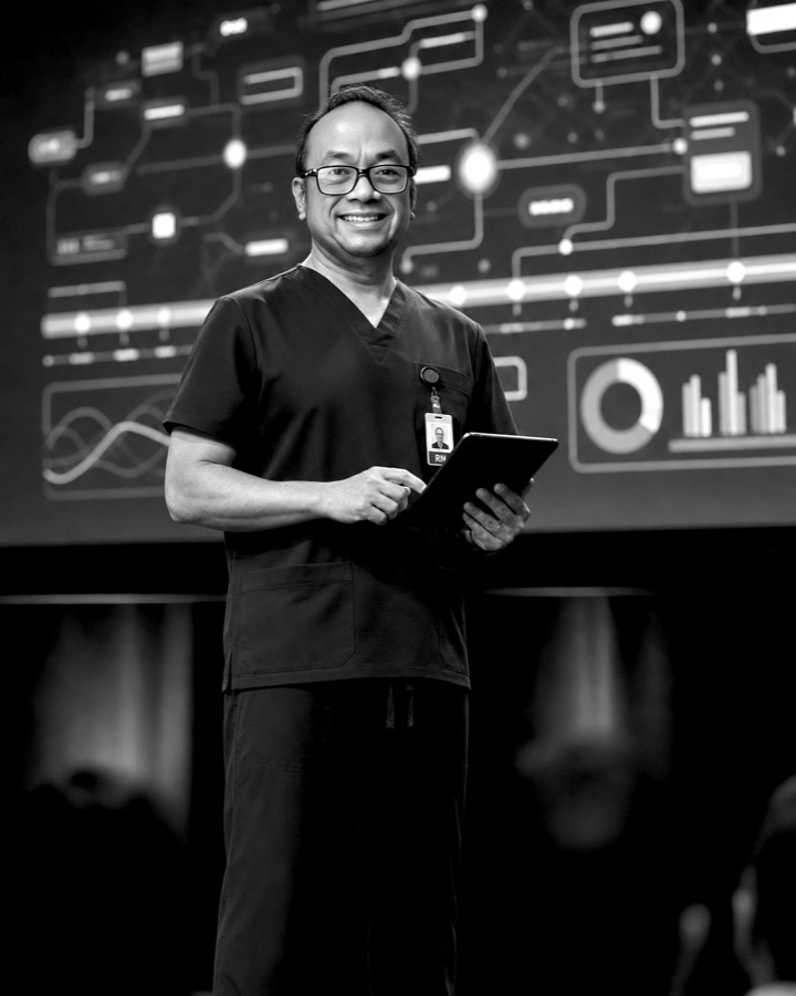 Robert Domondon, ICU nurse and founder of Nurse AI OS, holding a tablet.